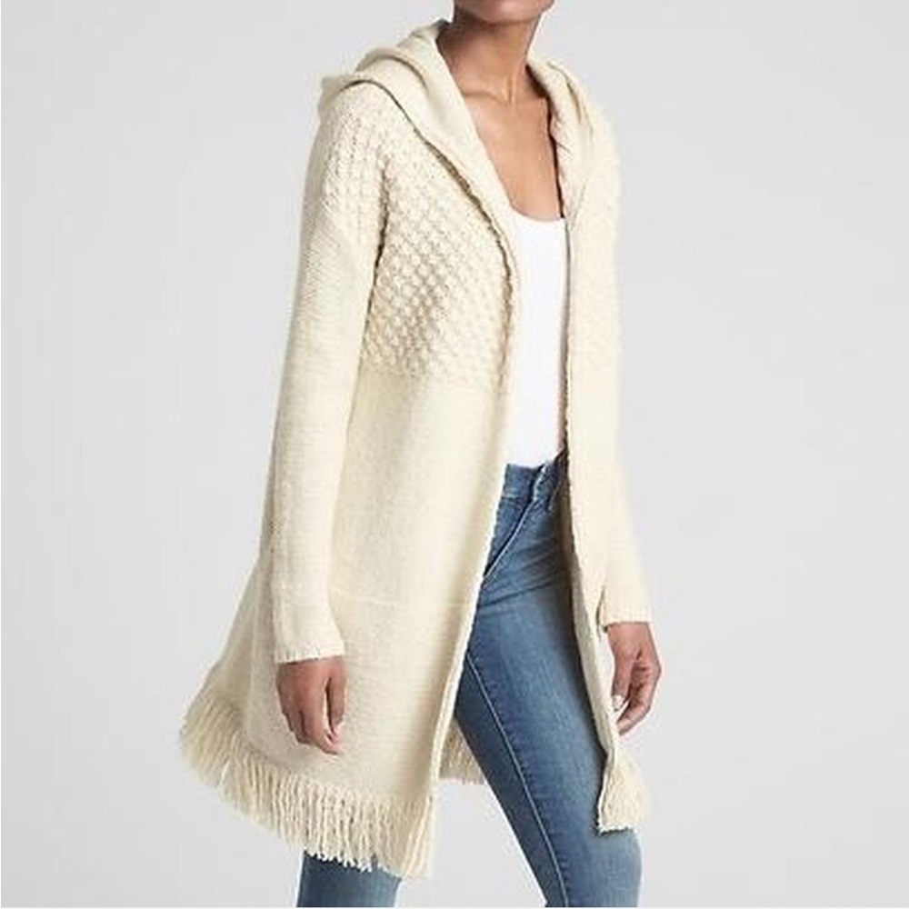 Gap Off White Longline Fringe Hooded Cardigan Sweater Boho Free People Inspo S